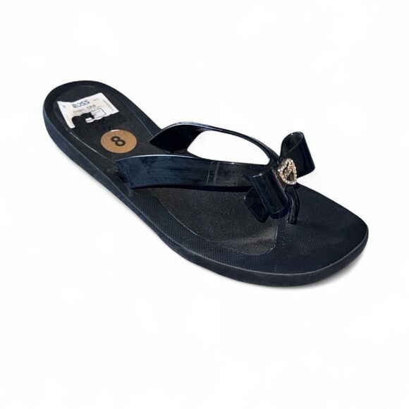 Guess Black Flip Flop Sandals with Gold Heart Bow‎ Charm Size 8 - Picture 1 of 6